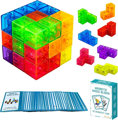 Bloques de construcción magnéticos, cubos magnéticos 3D, juego de 7 bloques magnéticos de múltiples formas con 54 tarjetas guía, juguetes educativos
