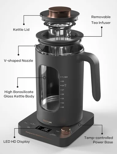 Vista 2 de Tetera eléctrica, INTASTING - Tetera eléctrica de vidrio con infusor de té y control preciso de temperatura, 1200W de calentamiento rápido, sin BPA