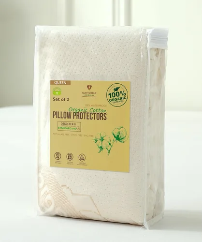 Vista 10 de Paquete de 2 protectores de almohada de algodón orgánico de lujo, estándar, certificado orgánico, impermeable, con cremallera, tela de punto suave