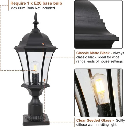 Vista 7 de Poste de aluminio de 24 pulgadas de alto para exteriores, iluminación exterior negra, luces de montaje en muelle, farol de poste de entrada al aire