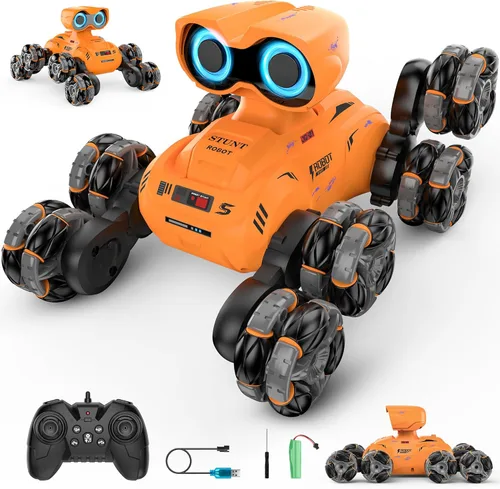 LNNKINE Juguete Robot, Juguetes Robot de Acrobacias de 8 Ruedas con 2.4 GHz, Demostración Automática, Rotación de 360°, Ojos LED, Controles Fáciles