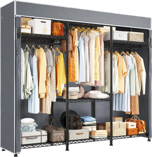Vista 9 de Raybee Perchero resistente con carga de 800 libras, percheros ajustables para colgar ropa, perchero con estantes para dormitorio, sótano 56 pulgadas