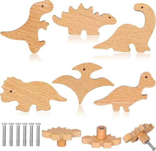 Whaline 6 pomos de madera de dinosaurio con tornillos decorativos con temática de dinosaurio, pomos de muebles de animales de madera natural para