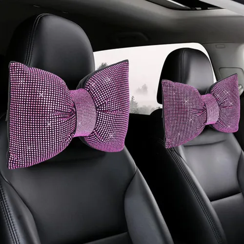 Vista 10 de 2 PCS Almohadas Brillantes para Automóvil, Almohada de Reposacabezas de Coche con Lazo de Pedrería, Almohada Cervical para Coche para Relajación