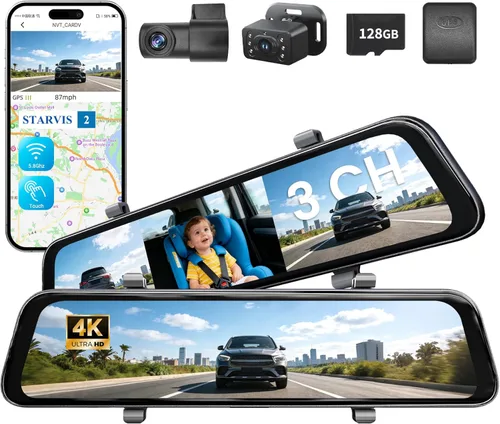 Cámara de espejo retrovisor 4K 2026 de 12 pulgadas con sensor STARVIS 2, cámara de tablero de espejo frontal y trasero 4K+2.5K + cámara interior de