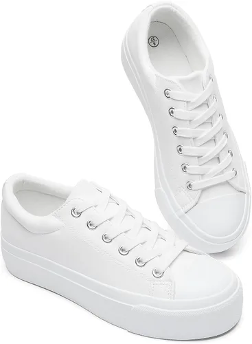BABUDOG Zapatos deportivos de plataforma de cuero sintético para mujer, zapatos de plataforma blanca antideslizantes, zapatos de tenis con cordones