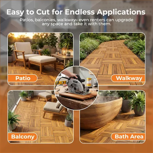 Vista 4 de Majestick Goods Azulejos largos entrelazados de 12 x 12 pulgadas – Elegantes azulejos de patio para suelos de exterior – Madera de acacia duradera