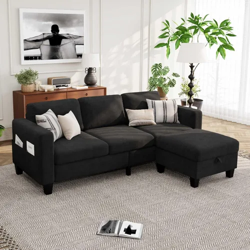 Sofá Seccional Sofás para Sala de Estar - Sofá Moderno en Forma de L de Terciopelo Negro de 3 Asientos con Otomana de Almacenamiento Reversible y