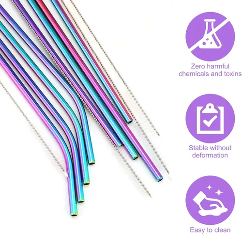 Vista 3 de Geiserailie 8 pajitas de acero inoxidable reutilizables de 14 pulgadas para vasos de 100 onzas, extra con 4 cepillos de limpieza (arcoíris)