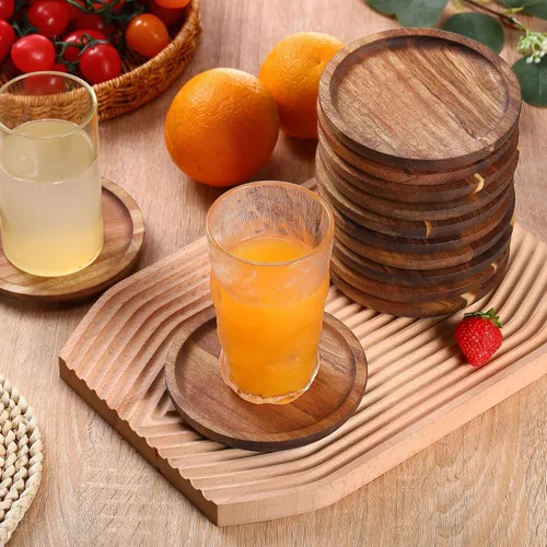 Vista 4 de Gejoy 20 posavasos de madera para bebidas de 5 pulgadas, apilables, naturales, de madera de acacia, posavasos redondos a granel para protección