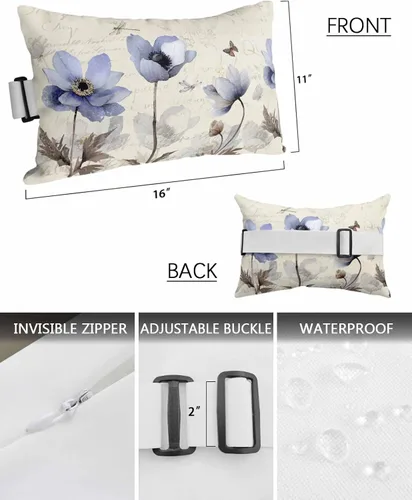 Vista 2 de PIEPLE Blue Flower - Almohada rectangular para reposacabezas para exteriores e interiores, 11 x 16 pulgadas, relleno de poliéster, impermeable