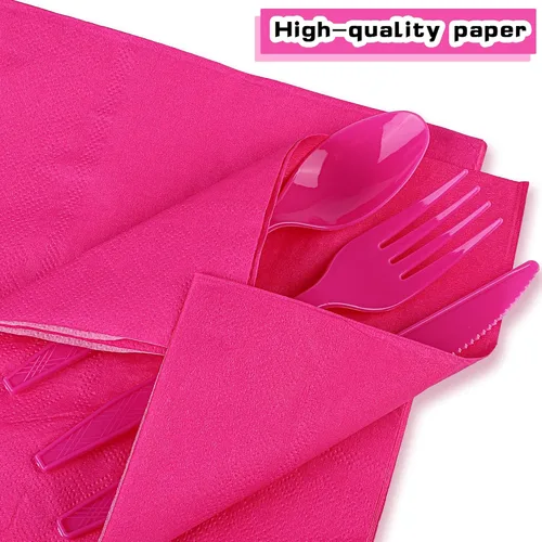 Vista 4 de ADXCO Juego de vajilla desechable de 350 piezas, color rosa intenso, incluye platos de plástico rosa intenso, vasos, servilletas, cuchillos