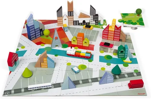 Vista 3 de Janod - 60 bloques Kubix de madera + rompecabezas de ciudad de cartón - 3 años + J08304