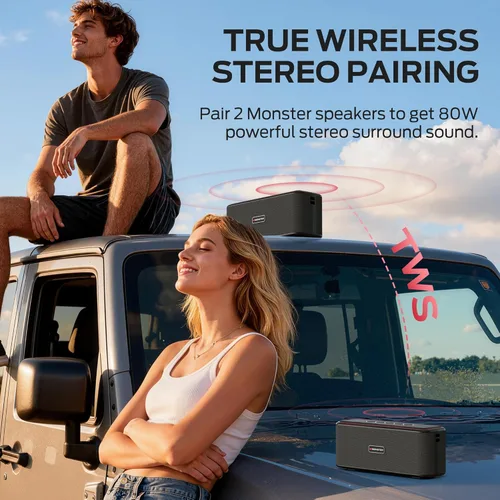 Vista 13 de Monster Shock Plus - Altavoz Bluetooth, altavoz portátil con sonido estéreo fuerte de 40 W, Bluetooth 6.0, emparejamiento TWS, tiempo