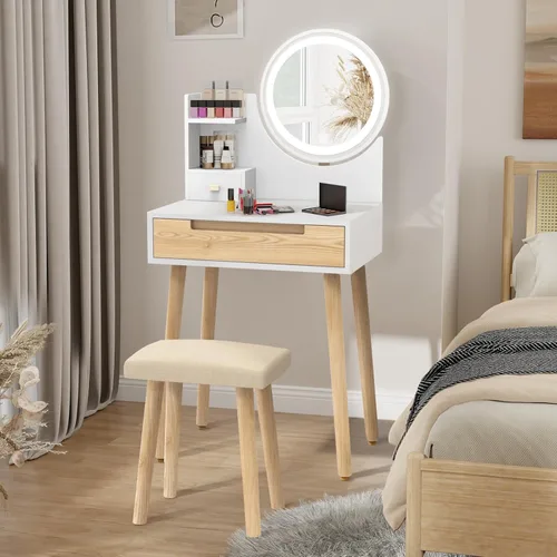 Vista 21 de ARTETHYS Pequeño escritorio de tocador con espejo deslizante y luces, juego de tocadores de maquillaje blancos con cajones, tocador compacto