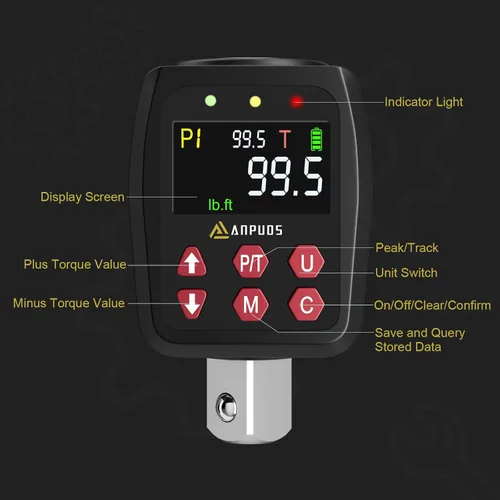 Vista 2 de ANPUDS Adaptador de par digital de 1/2", 5-99.5 pies-libra/6.75-135Nm, convertidor de llave dinamométrica digital con precisión de ±1%, valor