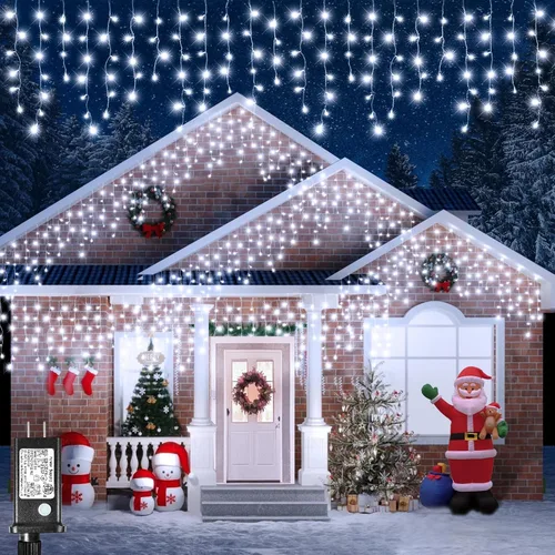 Vista 8 de Luces de carámbano para exteriores, 33 pies, 400 luces LED de Navidad para exteriores con 8 modos, 75 gotas, tira de luces impermeables para Blanco