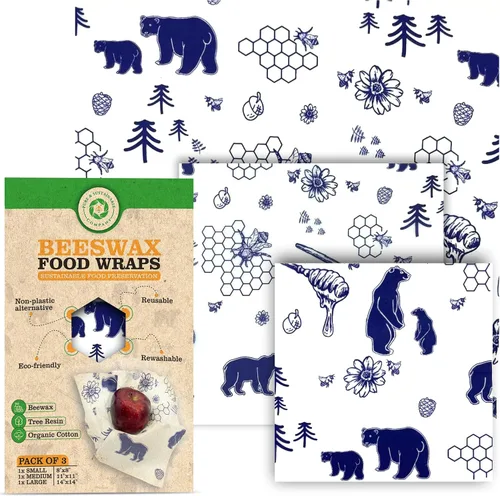 PURE & SUSTAINABLE COMPANY Envolturas de cera de abeja para almacenamiento de alimentos, paquete de 3 reutilizables con algodón orgánico, conserva