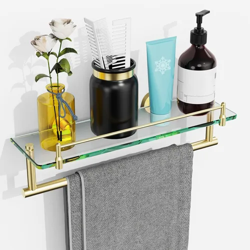 Toallero con estante de 16 pulgadas, estante de baño con barra de toalla de vidrio templado, dorado cepillado moderno, acero inoxidable a prueba de