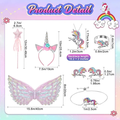 Vista 2 de Geyoga Ropa de vestir de princesa de unicornio para niñas disfraz de unicornio arcoíris con diadema varita justa accesorios de joyería