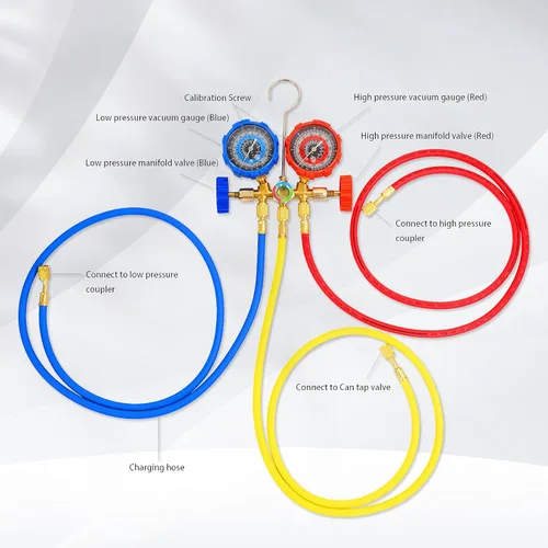 Vista 4 de Bomba de vacío de una sola etapa de 3.5CFM 1/4HP con manómetro múltiple de 3 vías para refrigeración HVAC, compatible con R12, R22, R134A, R502