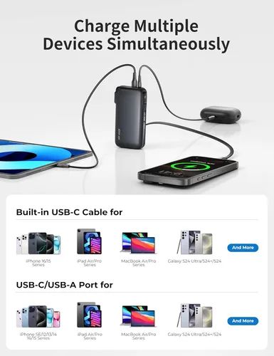 Vista 6 de JOYFAR Cargador portátil de 22.5 W con cable USB-C integrado y enchufe de pared, cargador de batería USB C de carga rápida de 10,000 mAh, paquete