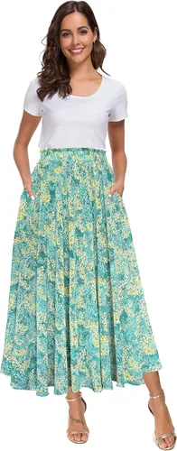Vista 6 de Afibi Falda de gasa con estampado floral de cintura alta para mujer, estilo swing, de playa, midi, larga con bolsillos Negro