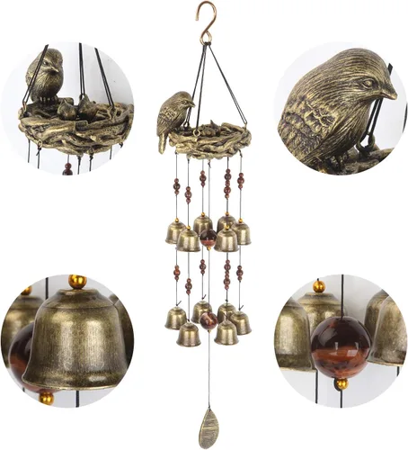Vista 4 de Campanas de viento de nido de pájaros, campanas de pájaros con 12 campanillas de viento para regalo de amor de la Madre Gloriosa, decoración