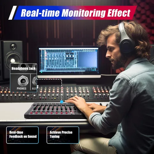 Vista 7 de Mezclador de audio, mezclador de tablero de sonido de 8 canales, mezclador de sonidos profesional con reproductor de MP3 e interfaz USB, Bluetooth