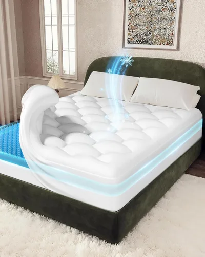 Vista 18 de OhGeni Cubrecolchón de espuma viscoelástica, funda de cama suave con base antideslizante, tamaño individual, estilo 2 pulgadas con funda