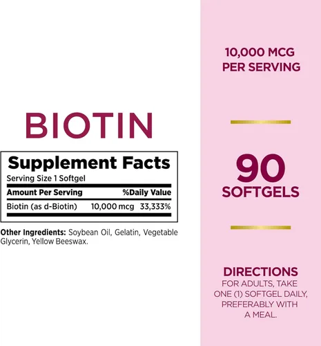 Vista 2 de Nature's Bounty Biotin - Suplemento de 10000 mcg, apoya la salud del cabello, la piel y las uñas, soluciones óptimas para el cabello Vitamina