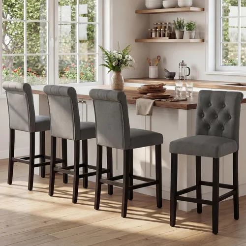 Vista 4 de LSSBOUGHT - Taburetes de barra, 24 pulgadas de altura tapizados con botones y patas de madera sólida, juego de 2 (Beige)