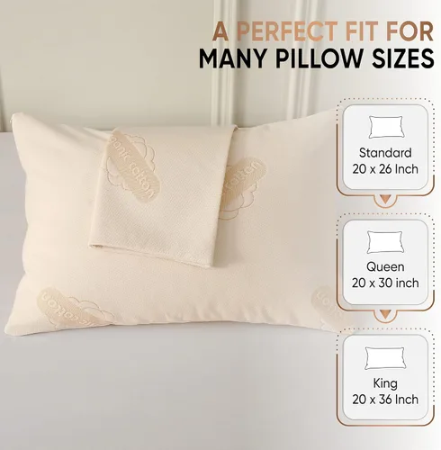 Vista 4 de Paquete de 2 protectores de almohada de algodón orgánico de lujo, estándar, certificado orgánico, impermeable, con cremallera, tela de punto suave