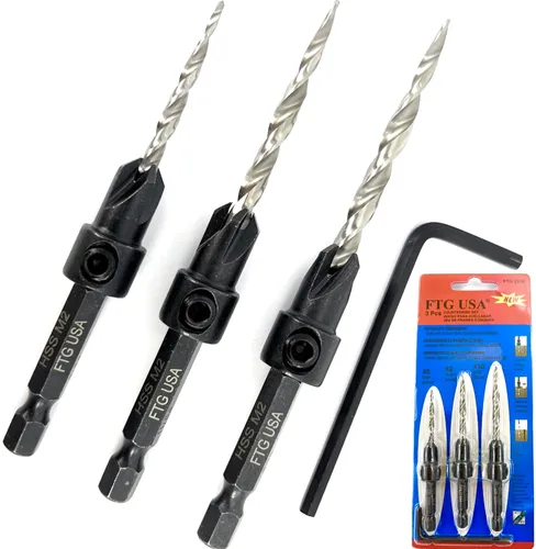 Vista 10 de FTG USA Juego de 3 brocas avellanadoras ajustables para madera #4 (7/64 pulgadas) con brocas cónicas para carpintería