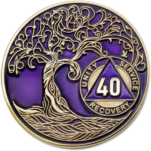Vista 210 de 1 año Sobriety Mint Twisted Tree of Life Medallón de recuperación AA chapado en oro, chip/ficha - negro