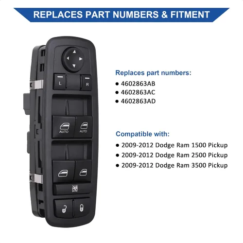 Vista 2 de Interruptor de ventana eléctrica del lado del conductor compatible con Dodge RAM 1500/2500/3500 / 3500 Quad y Crew Cab Pickup, botones automáticos