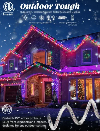 Vista 3 de Cuerda de luz LED colorida de 25 pies con 288 luces LED de 1/2 pulgada de grosor, controlador conectable al aire libre, permanente, impermeable