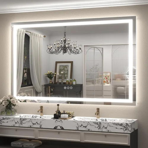 Vista 34 de Espejo de baño LED iluminado de 30 x 30 pulgadas para pared, espejo cuadrado de tocador con luces, regulable, antivaho, a prueba de roturas