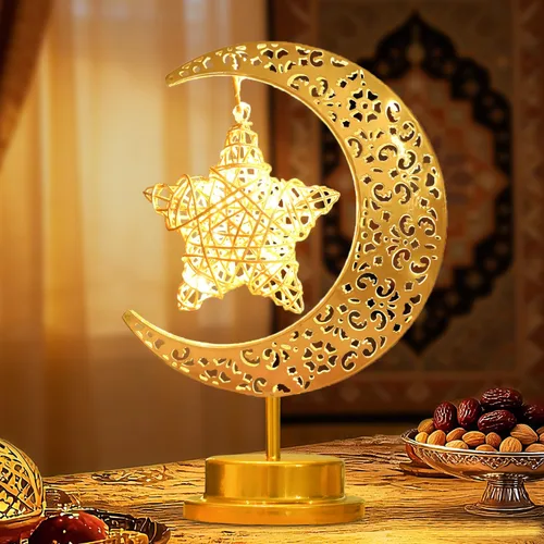 Vista 9 de Lámpara de luna con globo colgante, lámpara de mesa decorativa de luna creciente, funciona con pilas, decoración islámica de metal retro, luz LED
