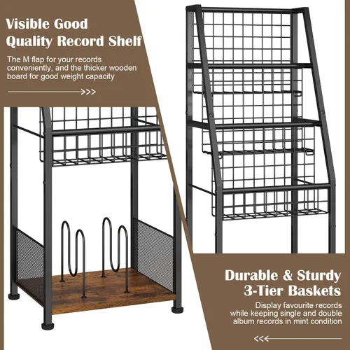 Vista 2 de Estante de Almacenamiento de Discos de Vinilo de 3 Niveles con Estante de Exhibición, Soporte de Discos de Alambre Resistente con Capacidad