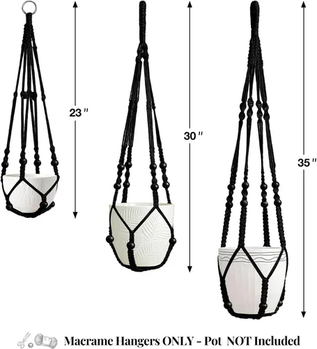 Vista 2 de LEWESU Paquete de 3 colgadores de macramé para plantas de interior, 3 tamaños diferentes, cesta colgante para macetas con cuentas de madera y sin