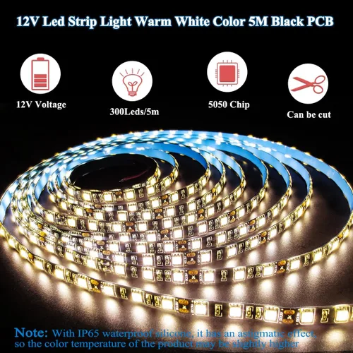 Vista 2 de Tira de luz LED de 12 V, blanco cálido, 3000 K, tira de luz LED de 16.4 pies, tablero PCB negro, SMD 5050 IP65, impermeable, 300 LED, cinta LED