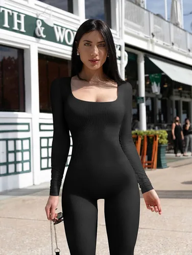 Vista 2 de OQQ Overol acanalado de una pieza para mujer, de yoga, acanalado, de manga larga, para ejercicio