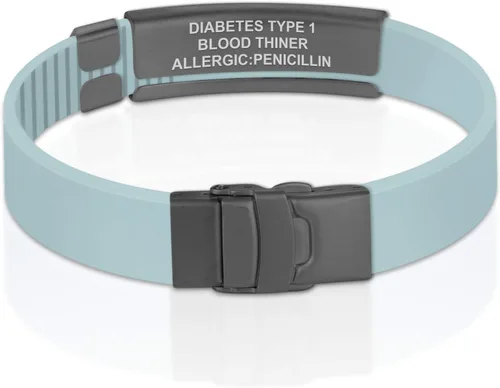 Vista 211 de Divoti Pulsera de identificación de alerta médica grabada personalizada, grabado láser de doble cara, pulsera de silicona, cierre de seguridad