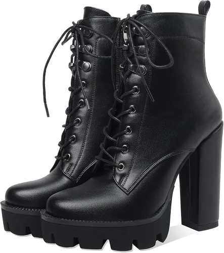Vista 3 de Botines de plataforma para mujer, tacón grueso, suela de combate, botas de tacón alto con cordones