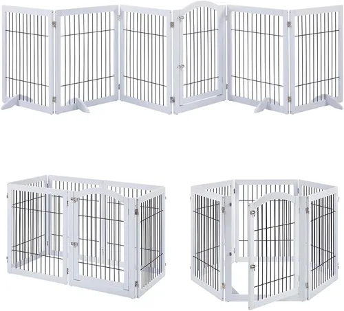 Vista 25 de unipaws Puerta para mascotas independiente de 24" de altura para perro y gato, puertas de madera para perros para entrada, escaleras, valla plegable