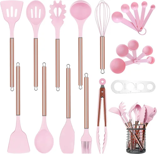 Juego de utensilios de cocina con soporte, juego de 22 utensilios de cocina de silicona para utensilios de cocina antiadherentes, juego de espátulas