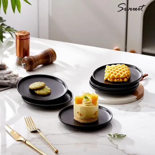 Vista 4 de Platos de cerámica mate para aperitivos de 6 pulgadas, juego de 4 pequeños platos de postre, aptos para microondas y horno, pan, postre