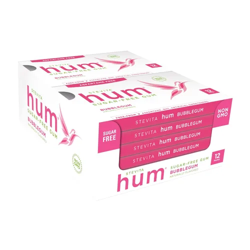 Stevita Hum, Bubblegum - Goma de mascar sin azúcar - 12 piezas, paquete de 12 - Apoya la salud oral - Sin OMG, vegetariano, keto, sin gluten - 72