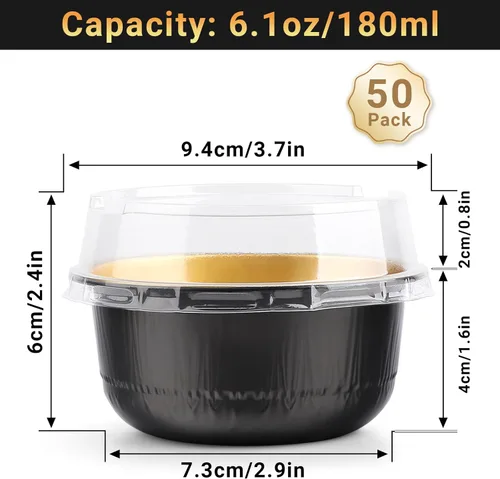 Vista 2 de Beasea Tazas de Ramekin de Aluminio con Tapa, 50 Unidades 6.1oz 180ml Mini Ramekins Desechables de Aluminio para Horno, Tazas Redondas para Cupcakes